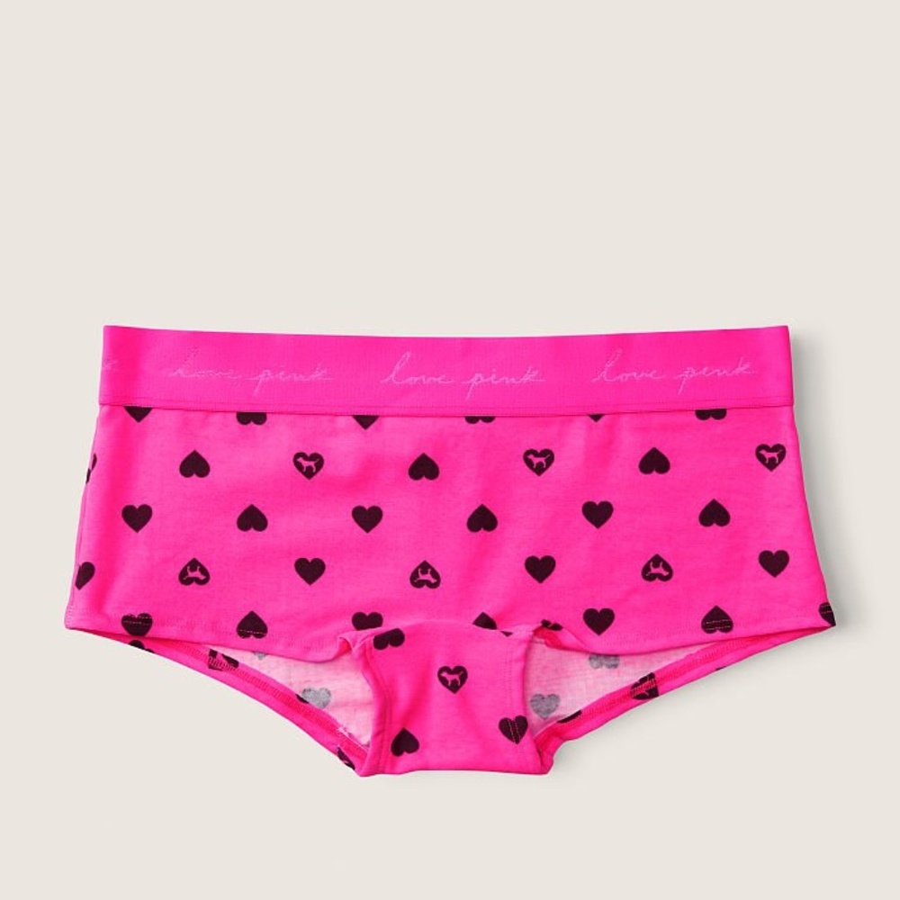 Victoria's Secret PINK Logo Boyshort Panty Atomic Pink Heart Print Medium NEW